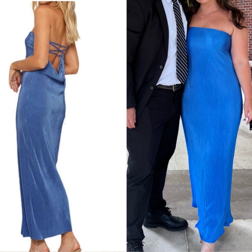 Blue Strapless Tie Back Pleated Wedding Guest Maxi Dress